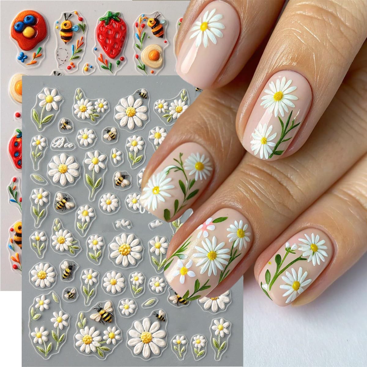 Summer Daisy Flower Nail Art Stickers 5D Embossed Nail Decals 2PCS Cute Bee L…