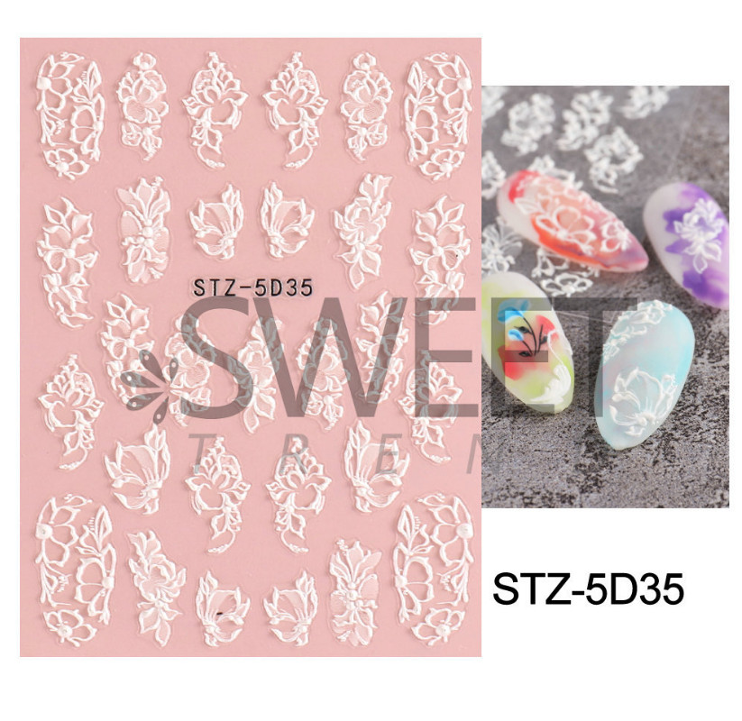 Pure White 5D Embossed Rose Flowers Butterfly Nail Stickers Adhesive Manicure