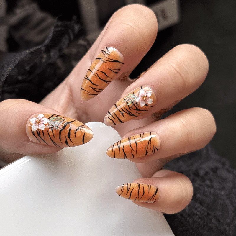 48Pcs-Long Almond Tiger Stripe 3D Pink Flower Fake Press on Nails Set
