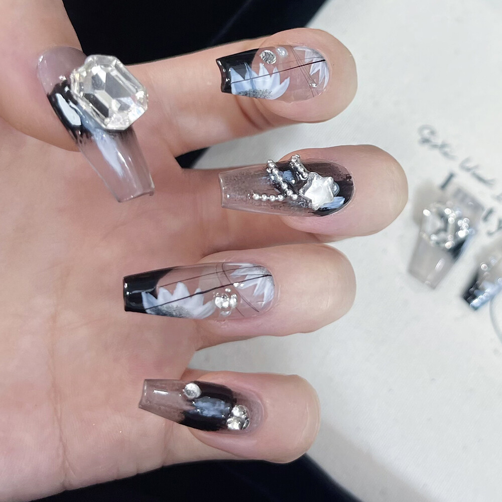 Handmade Press On Nails Medium Coffin,Black nail art,diamonds,Hand Drawn Flowers
