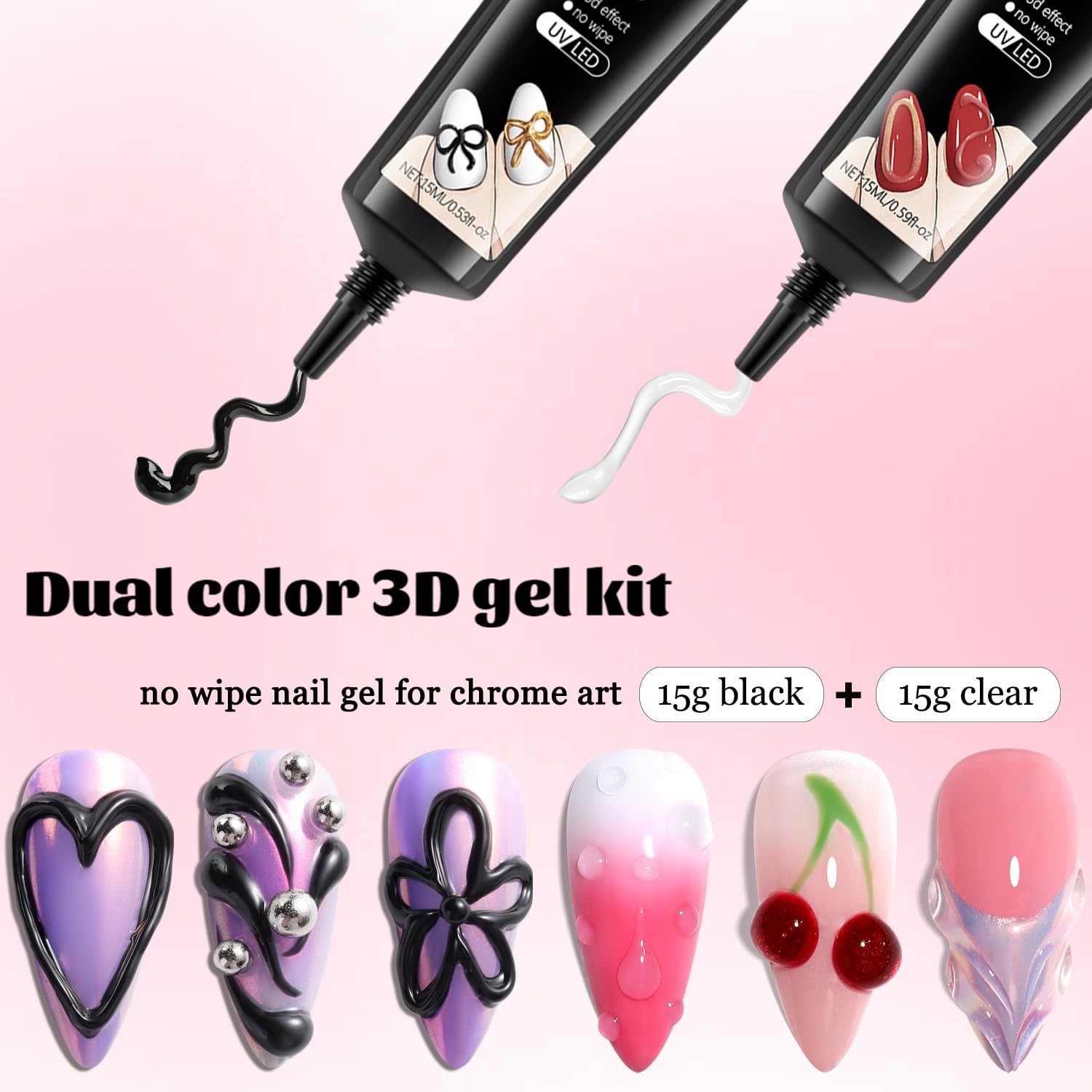 Elegant 3D Nail Art Set – No Wipe Black & Clear Gels with Elegant Chrome Finish
