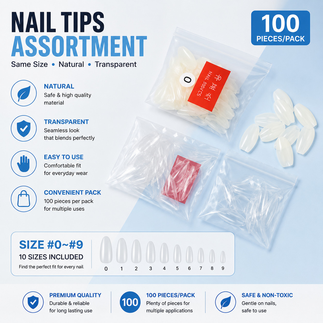 100PCS Almond Full Cover Press On Nail Tips All Sizes Professional Manicure