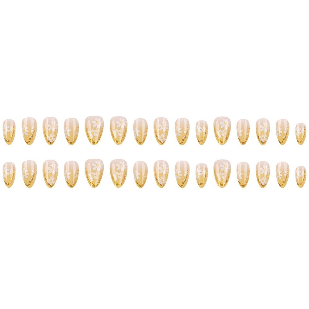 Floral Design Press On Nails Almond Cut White Nude Gold Trimmed 24 Pieces ABS