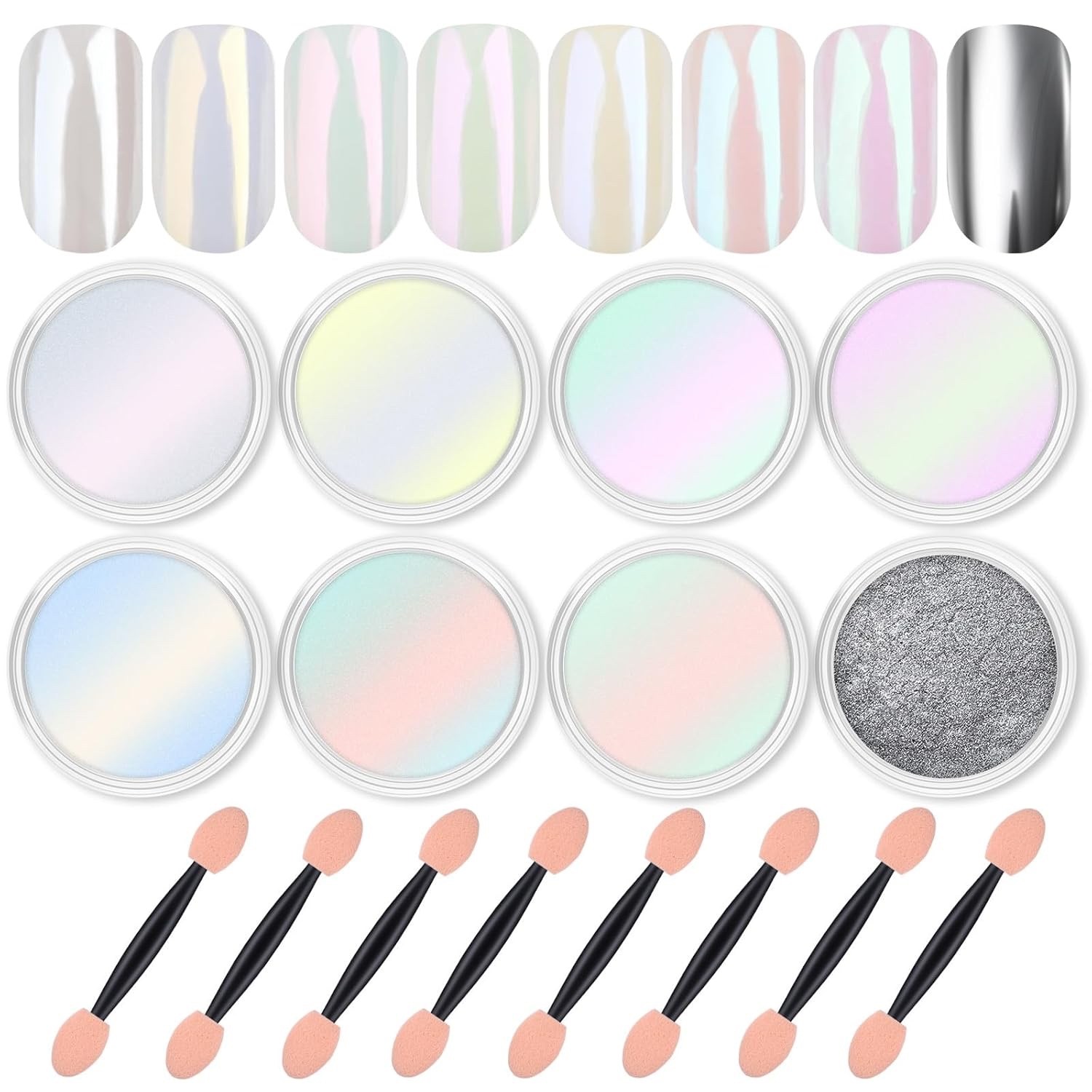 8 Jars Chrome Nail Powder Magic White Pearl Kit Silver Mirror Metallic Effect