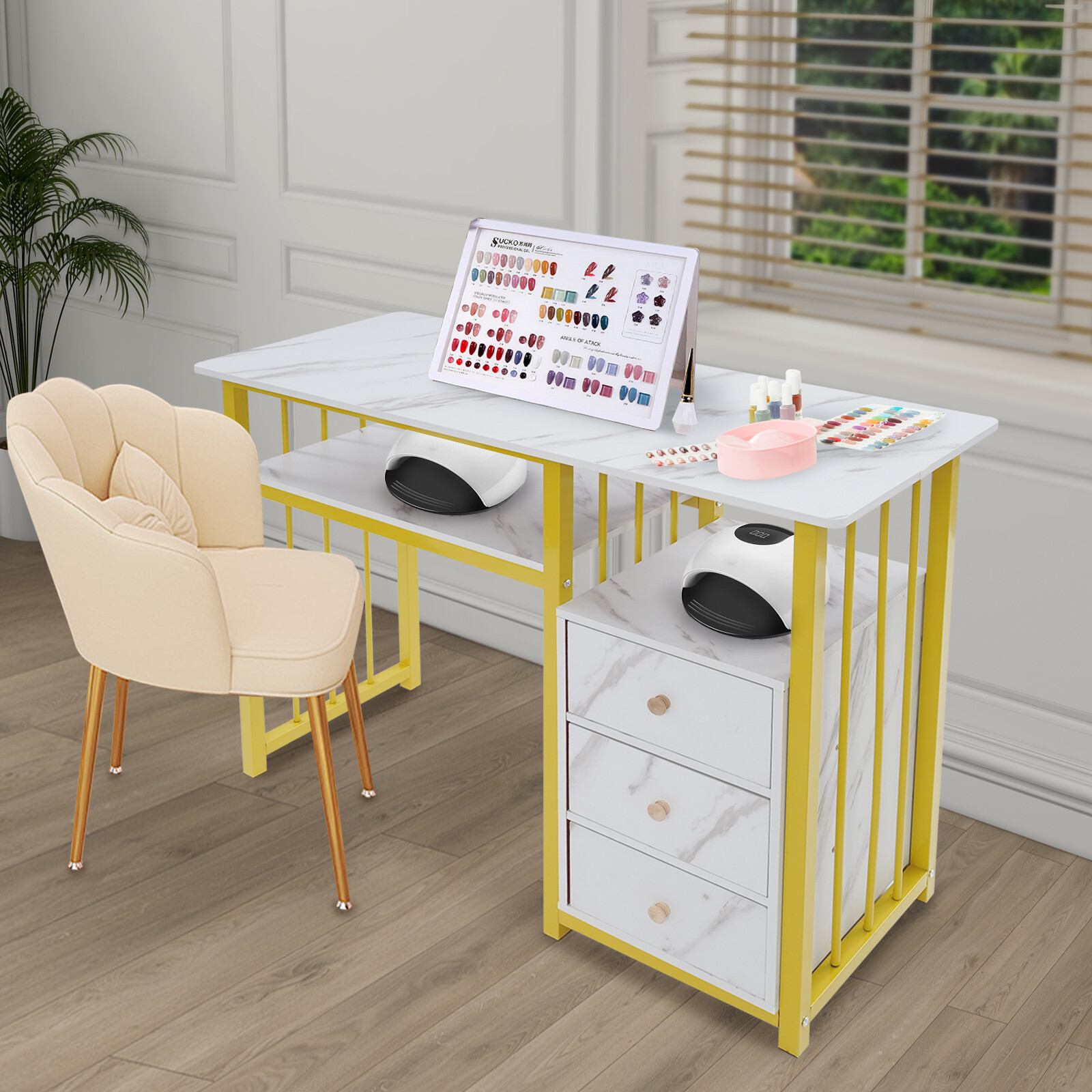 Marbling Texture Nail Desk Manicure Table Station Manicure Desk with 3 Drawers