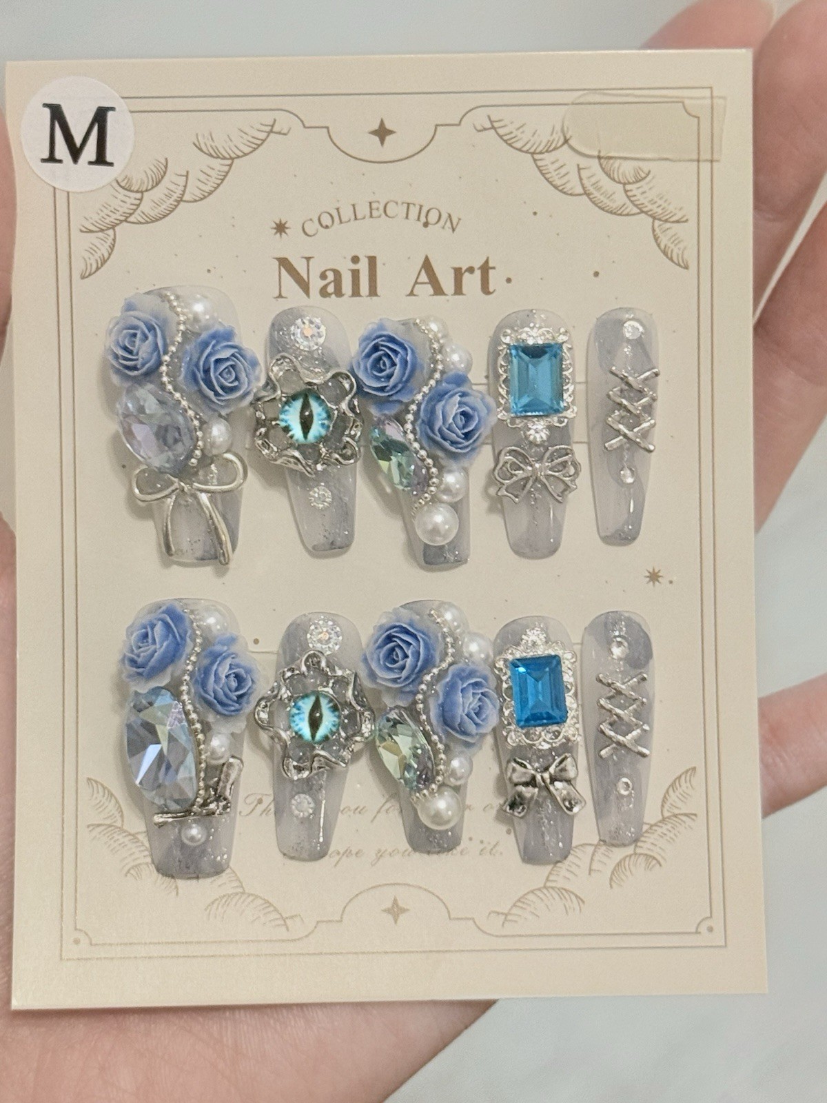 10pcs Handmade Blue Eyes Fake Nail Press/Glue On Nails Size M(Read Description