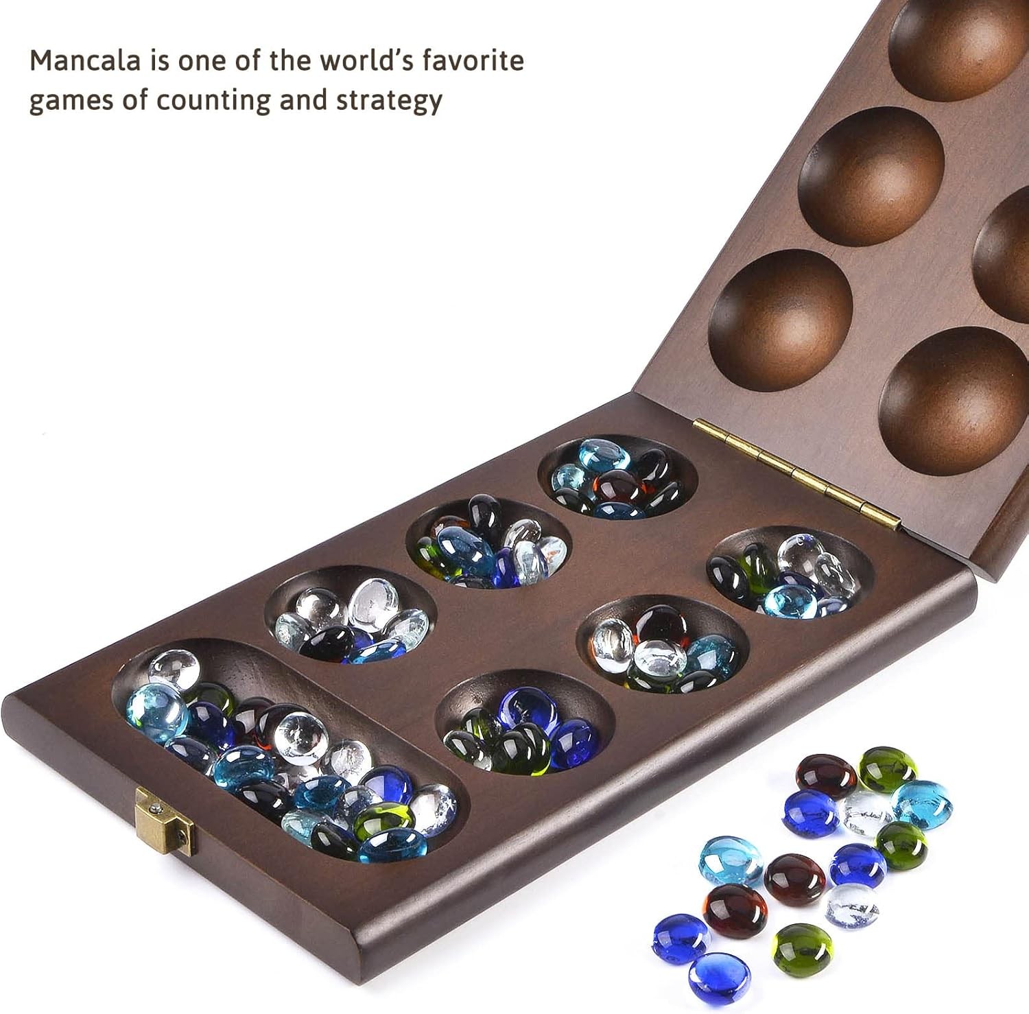 AMEROUS Wooden Mancala Board Game Set with 72+8 Bonus Multi Color Glass…