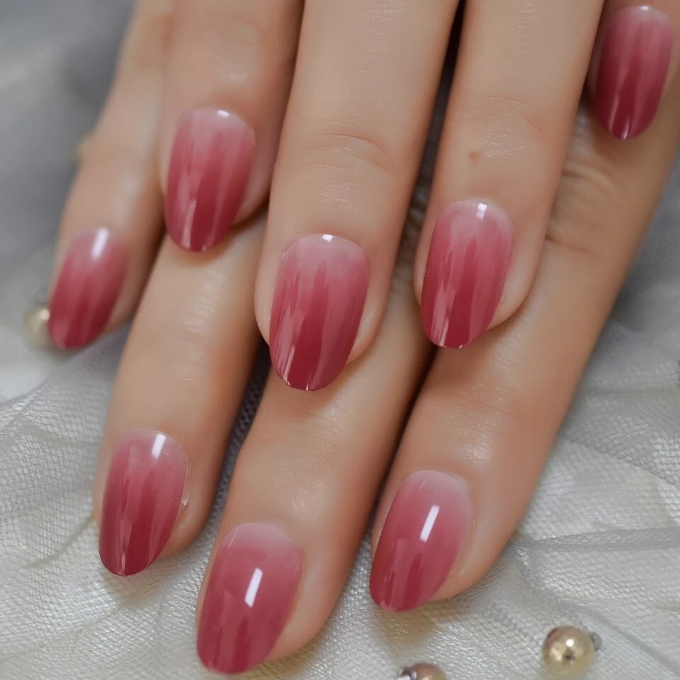 24 Ombre Rose Press On Nails w/ Glue Nude red natural almond goth gradient