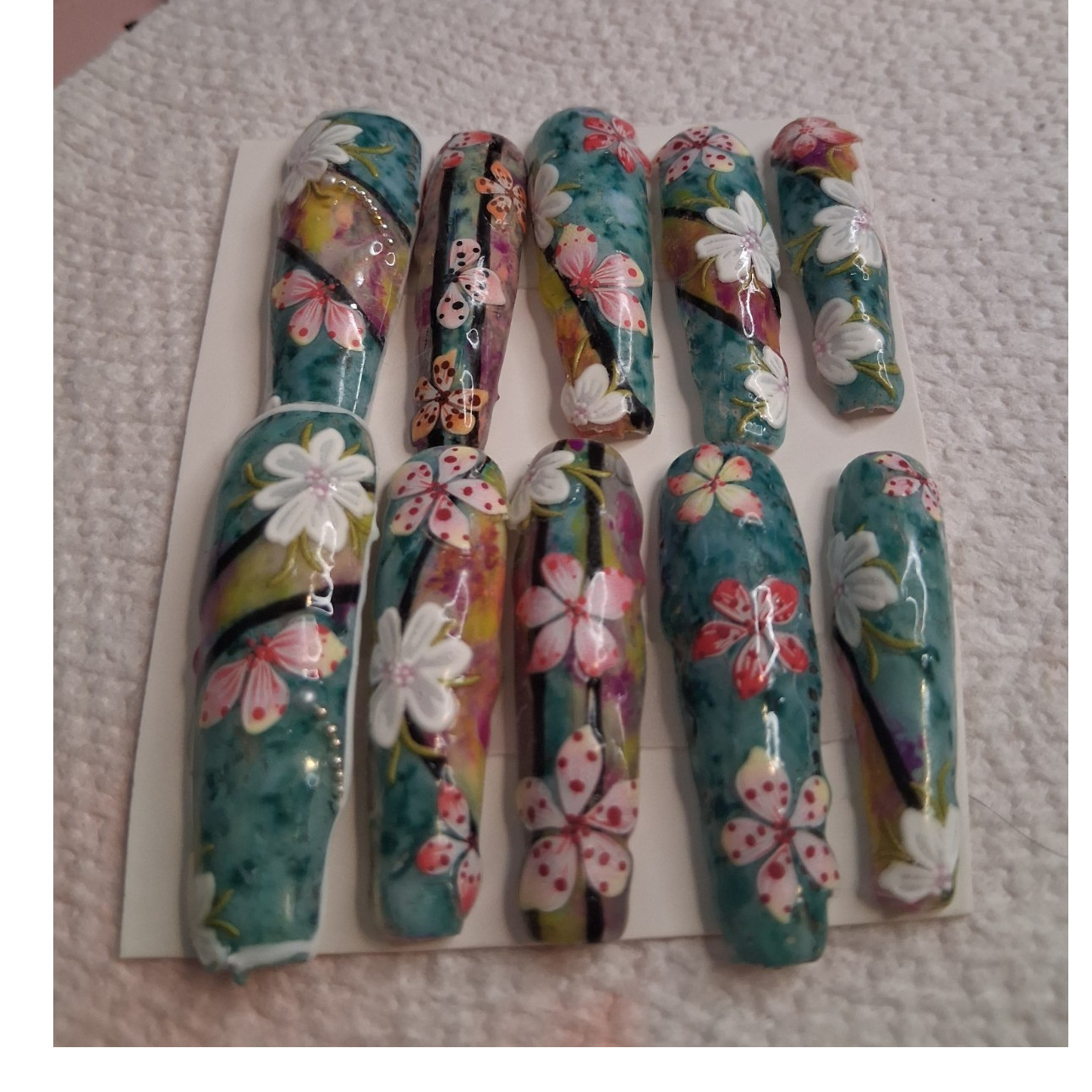 Press On Aftercare multicolor floral 3D long coffin pre-designed press-on nails…