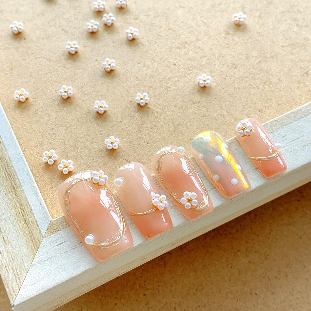 3D White Pearl Flower Nail Charms Cute Pearls Flowers for Nails Design Floral Na