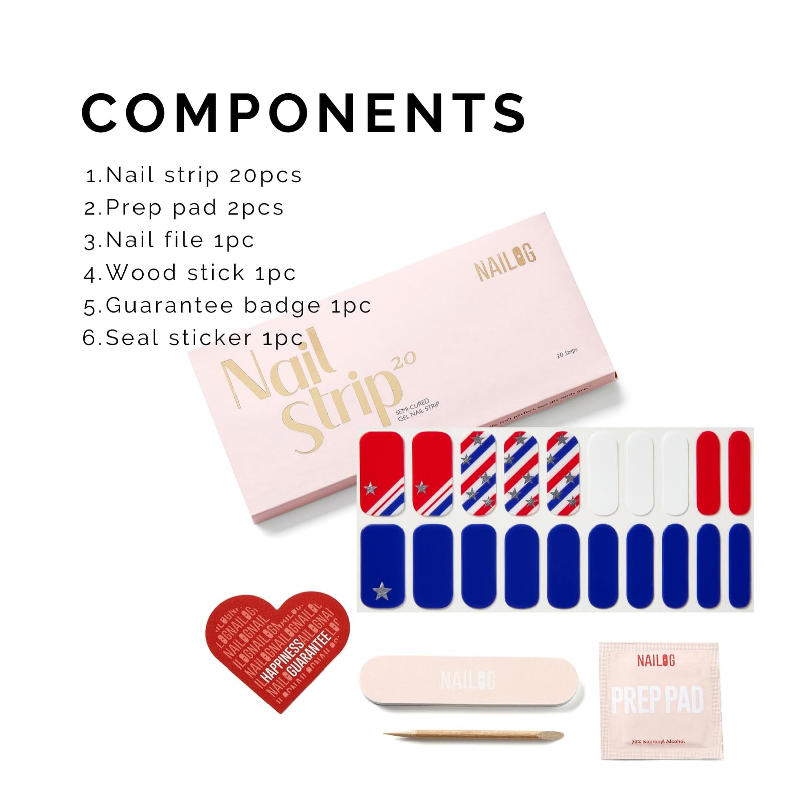 July 4 Semi Cured Gel Nail Strips – 20 Pcs Nail Stickers Extra Long Wraps wit…