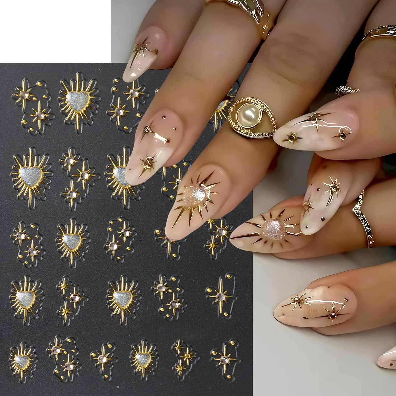 3 Sheets Star Nail Stickers for Nail Art 5D Embossed Gold Nail Decals with Heart