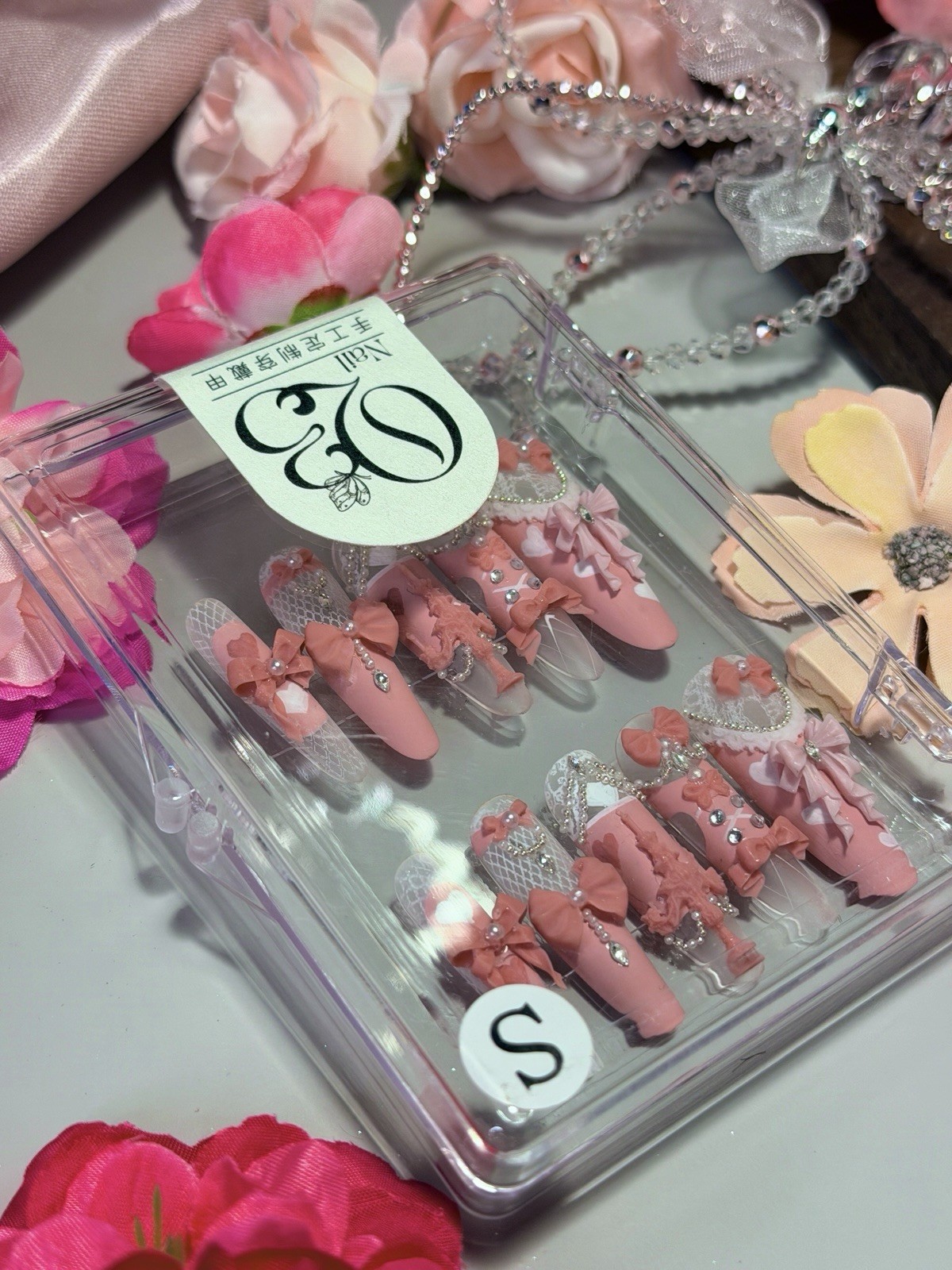 Pink Princess Bow Lace Flower Matte Finish Press On Nails Long Y05 With Pearl