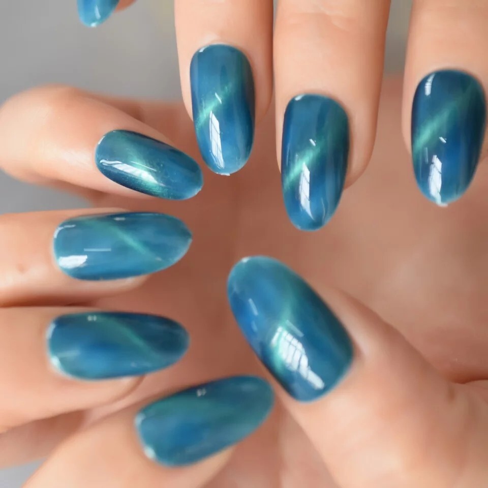 24 Aquamarine Galaxy Cat Eye Gel Press On Nails Glossy medium Blue magnet teal