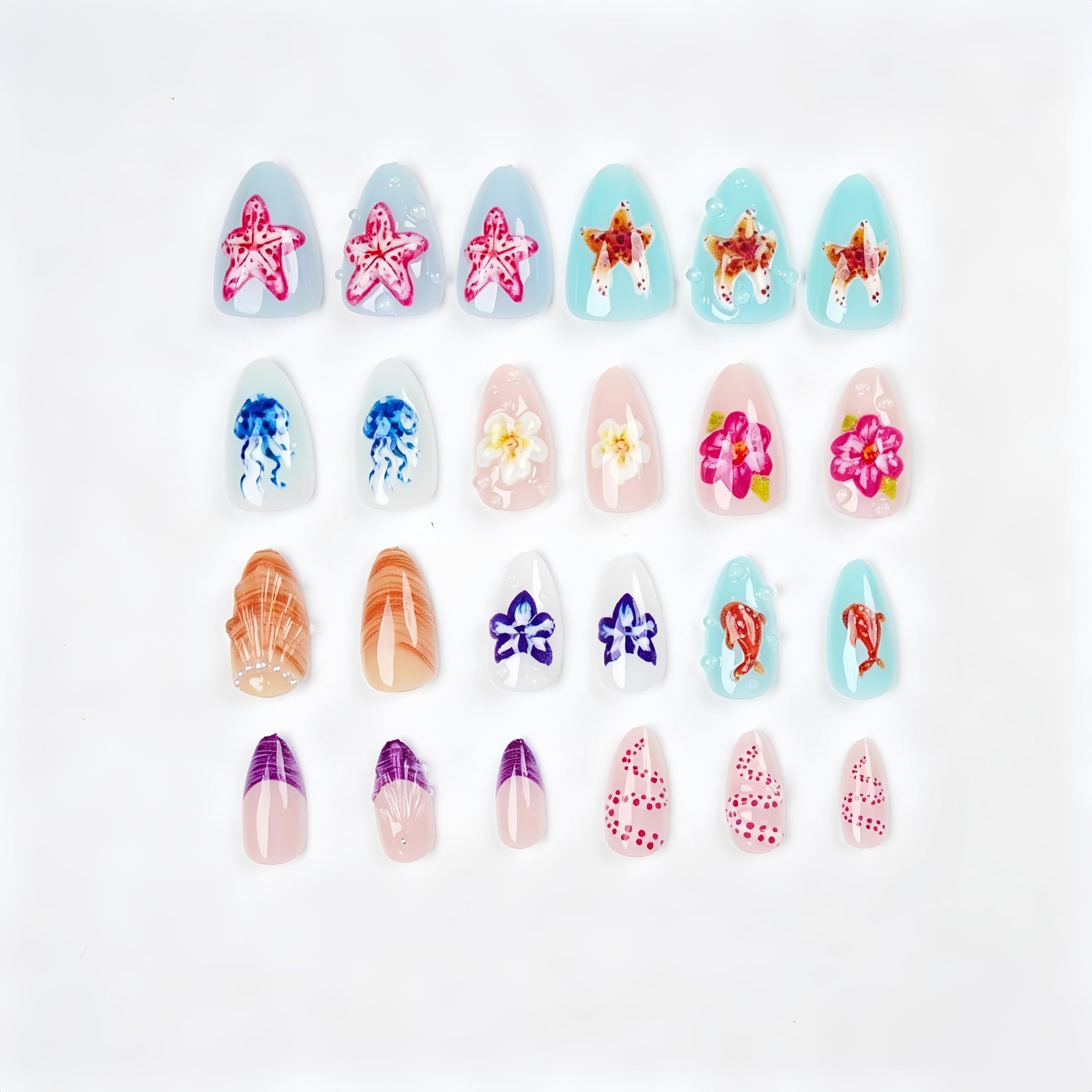 24Pcs Summer Beach Press on Nails Short Almond French Tips Fake Nails Colorfu…