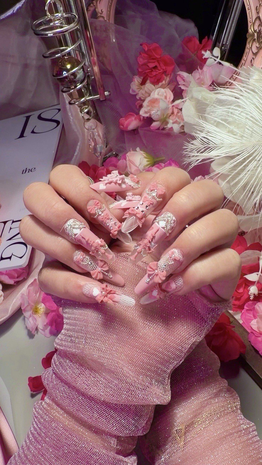 Pink Princess Bow Lace Flower Matte Finish Press On Nails Long Y05 With Pearl