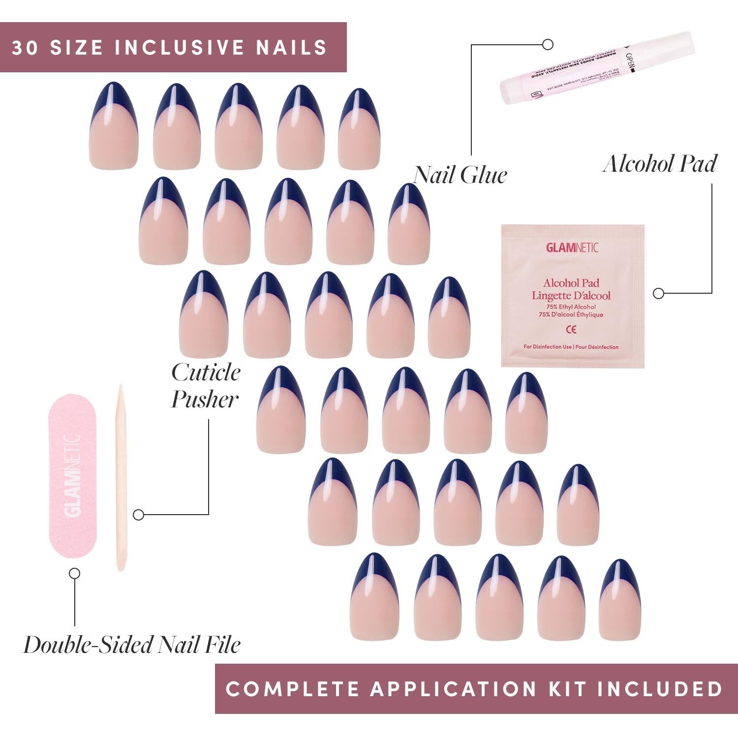 Short Almond Glossy Press On Nails – 30 Pc Full Kit, Navy French Tip, Waterproof