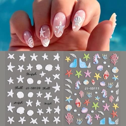 Ocean Life 5D Embossed Nail Art Stickers Decals, 5 Sheets Summer Ocean Life