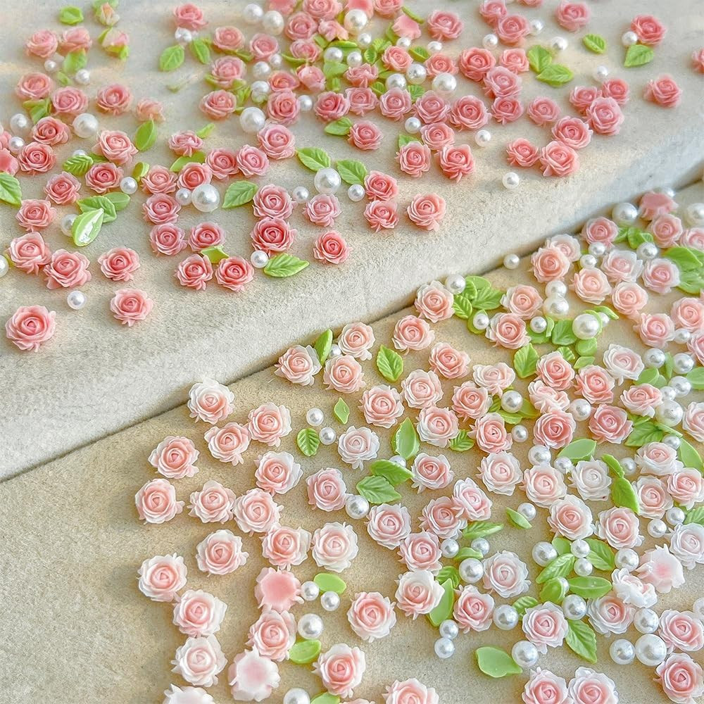 300Pcs 3D Pink Flower Nail Art Charms 3D Roses Flower Nails Rhinestones for Nail