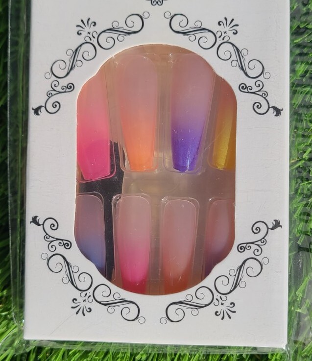 *Brand New* Neon Rainbow Ombre Press On Fake Nails – Reusable!