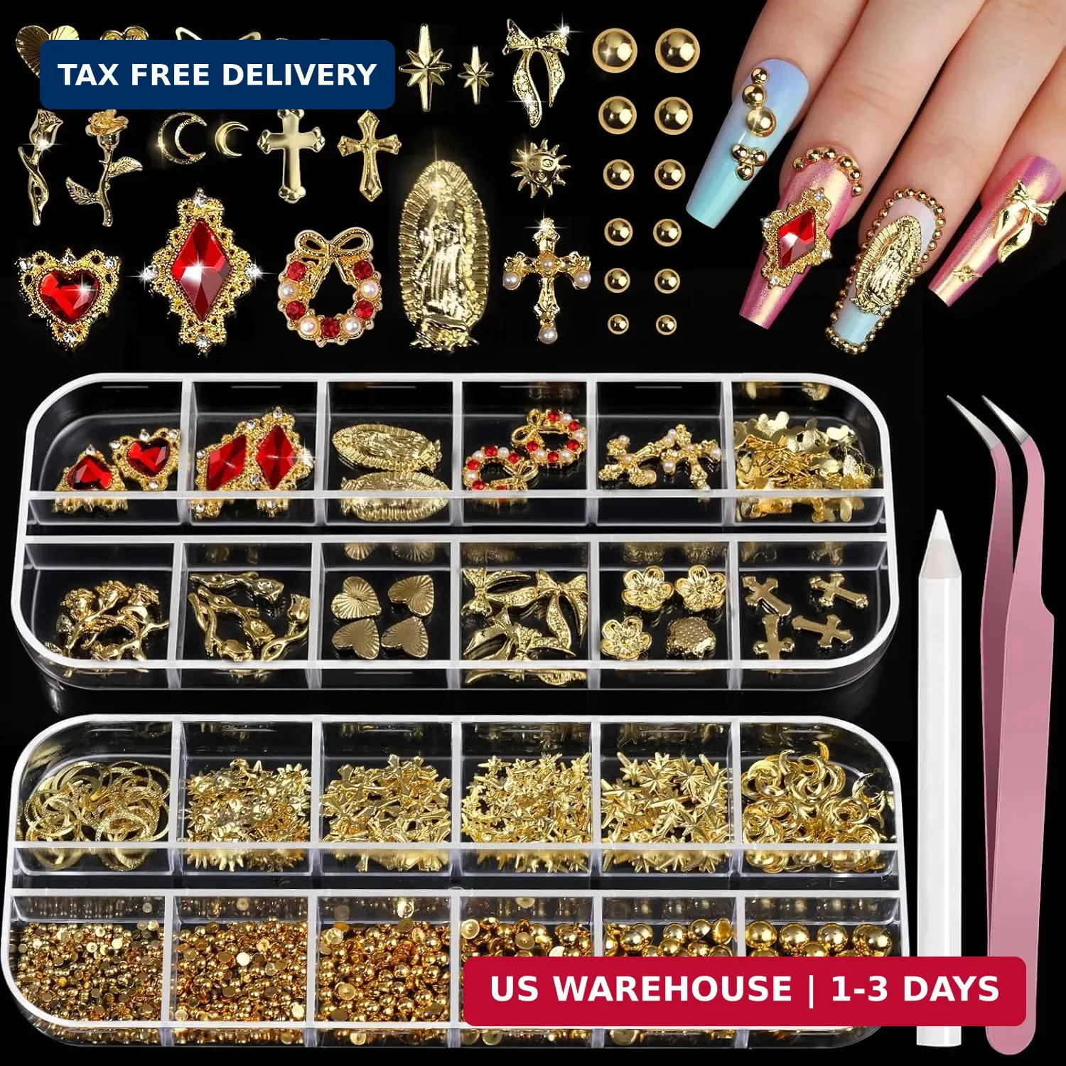 Teenitor Gold Nail Charms with Flatback Nail Pearls, 3D Nail Charms and Gems for