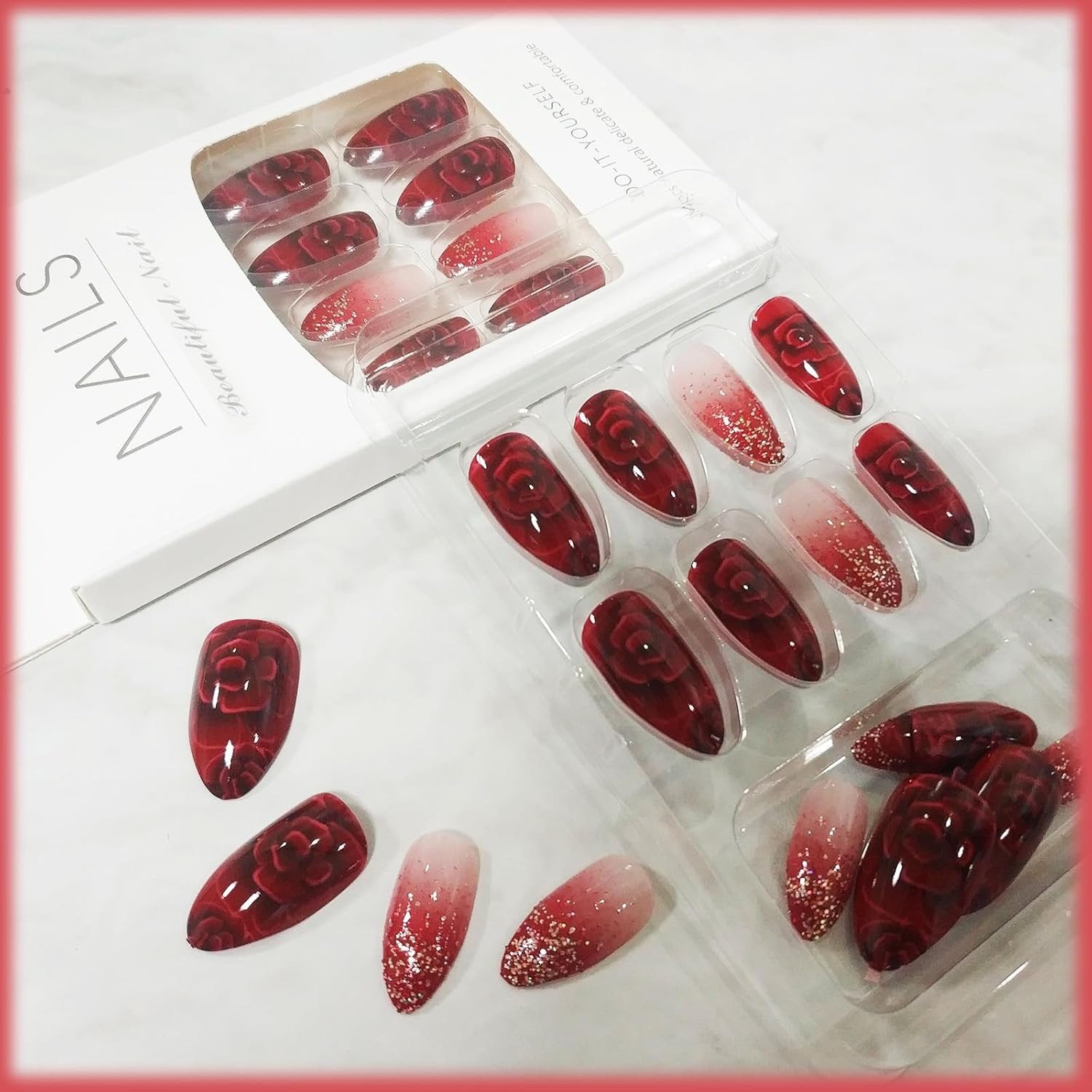 24Pcs Red Gradient Short Almond Press on Nails with Rose Flower Design, Glossy G