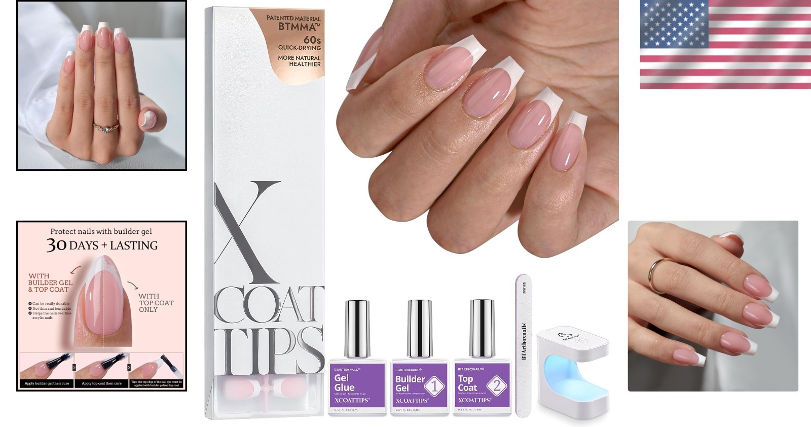 French Tip Press On Nails – Short Coffin Gel Kit, Salon Quality