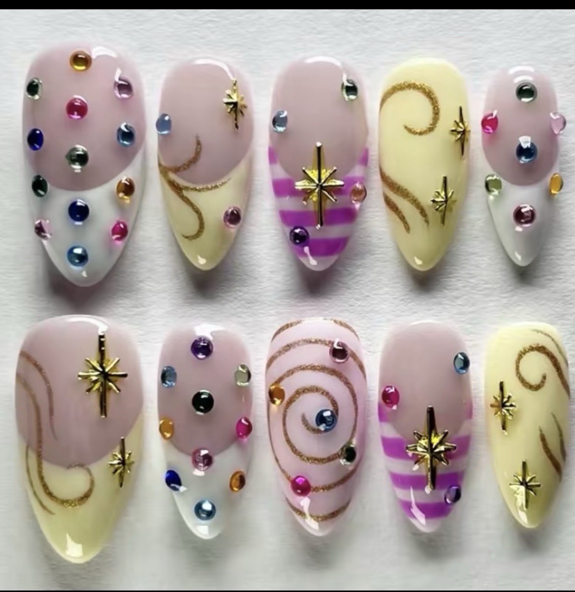 3D Long Coffin Press-On Nails, Star Design, Pink White Yellow Purple