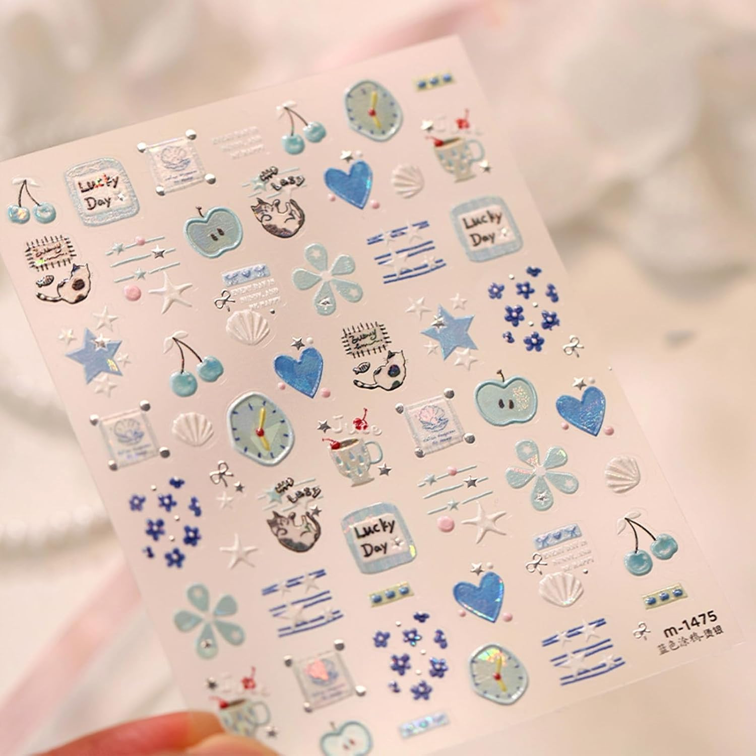 Blue Nail Art Stickers Heart Clock Nail Decals Summer Nail Stickers 1Sheets | Cu
