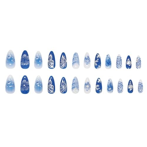24Pcs Blue Flowers Press on Nails Medium Blue Deep Sea Butterfly Fake Nails 23