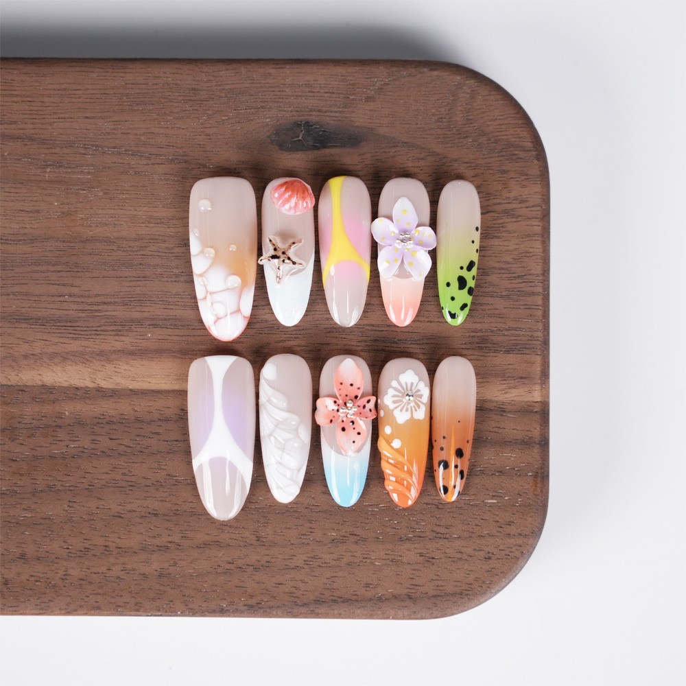 Handmade Summer Ocean Floral Press on Nails Shell Starfish Glossy Fake Nails
