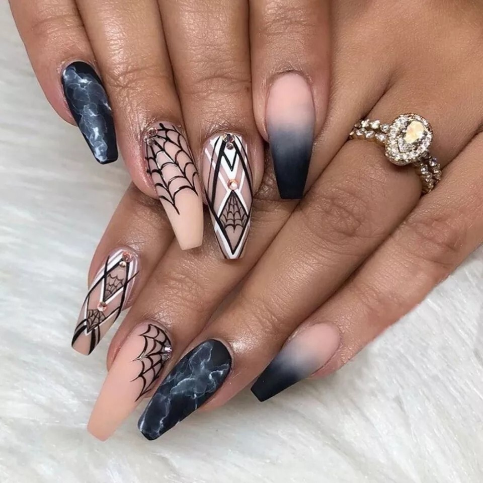 24 Witchy matte nude black press on nails kit glue spiderweb goth halloween edgy