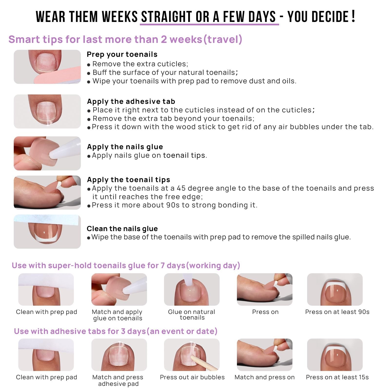 Short White French Tip Press-On Toenails for Women – 32 Piece Kit, Square Shape,