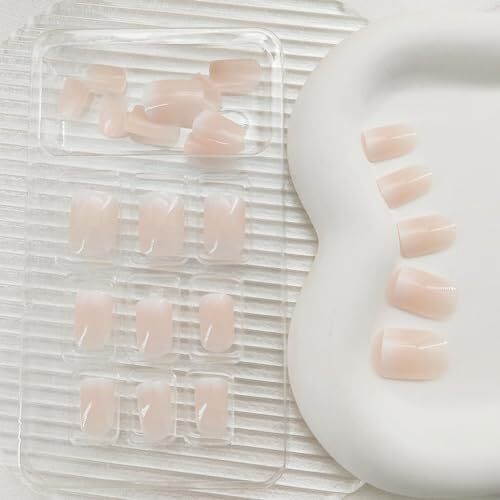 Extra Short Press on Nails Square Fake Nails Press ons White Glue Nude Ombre