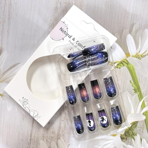 24Pcs Cute Elf Stick on Nails Long Length Flash Stars Sky Design Press on