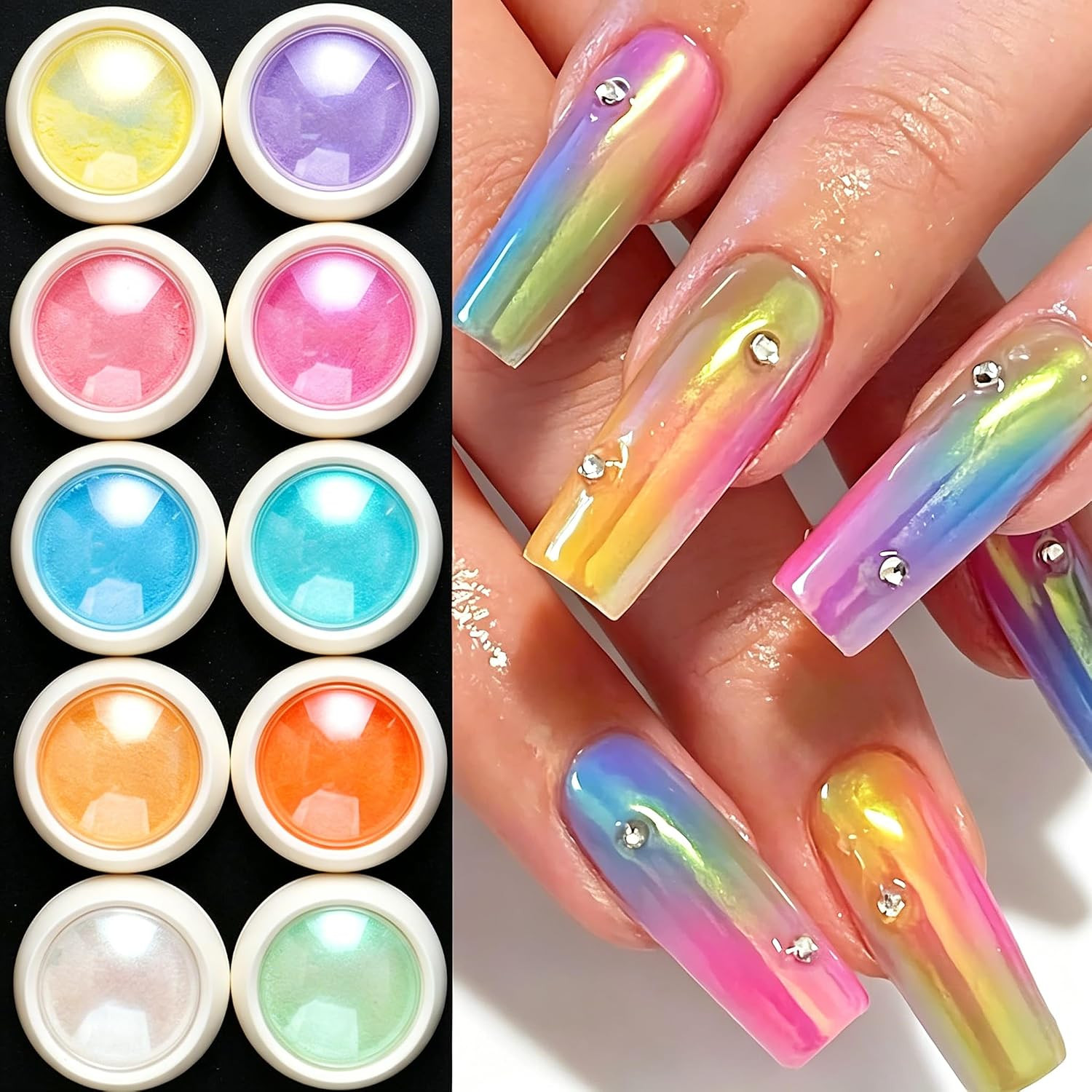 10Pcs Aurora Chrome Nail Powder Set,Iridescent Mermaid Moonlight Metallic Mirror