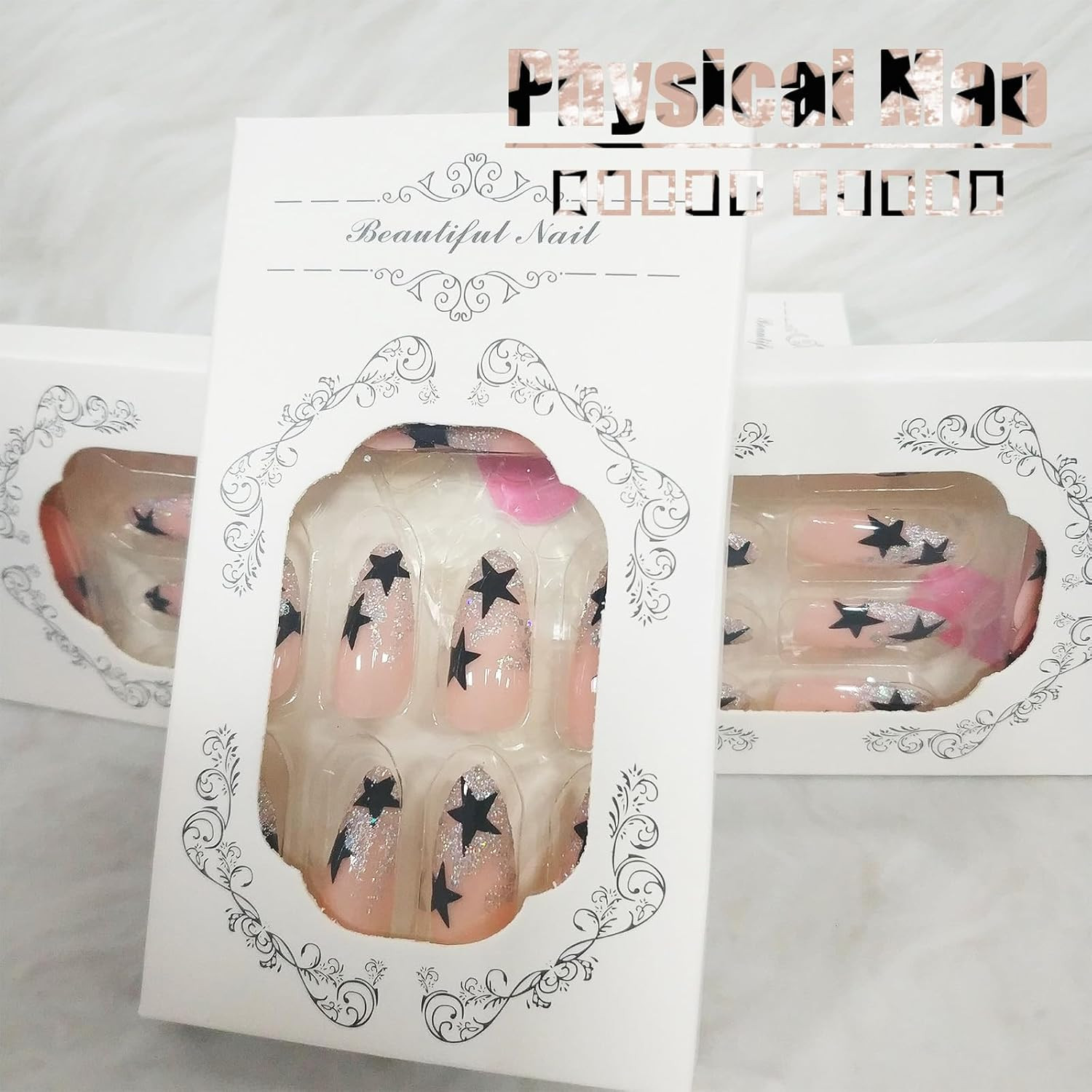 24Pcs Medium Almond Press on Nails with Black Five-pointed Star Design, Glossy S
