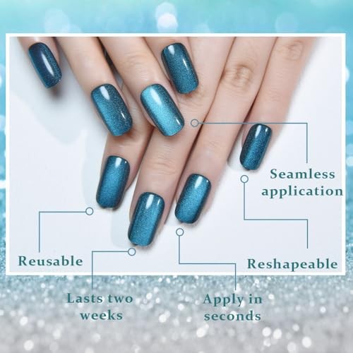 Teal Green Cat Eye Press on 24 Ounce (Pack of 1) 24Pcs-Medium Square-11 Teal