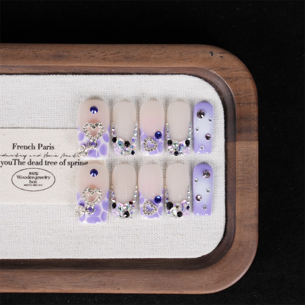 10pcs-Heart French Tip Sparkle Press on Nails Square Nail Set Reusable Handmade