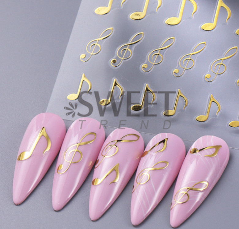 3 Sheets Musical Note Nail Art Stickers Gold Silver Black Piano Notes SWA97 NH28