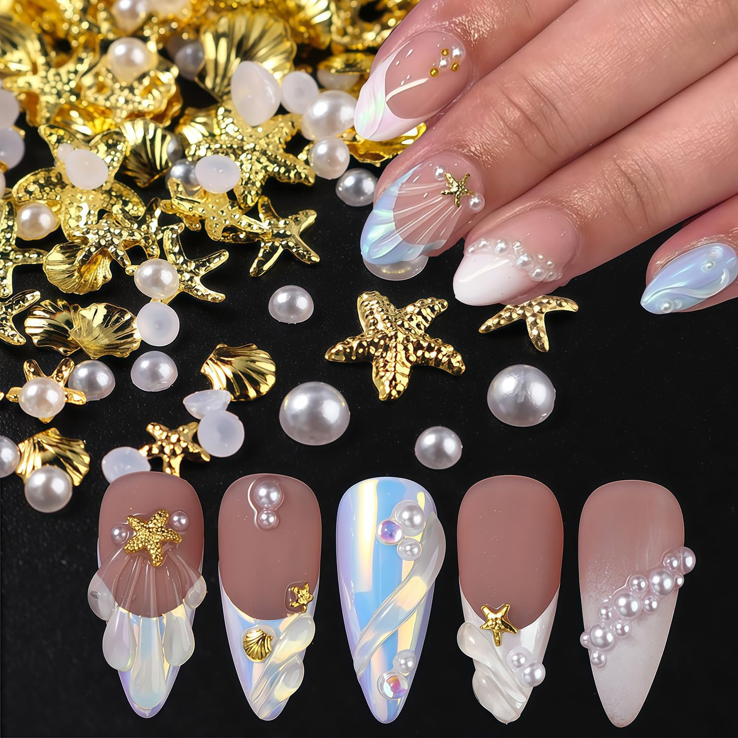 Summer Beach Nail Charms Pearl Shell Starfish Nail Rhinestones Ocean Style Nail