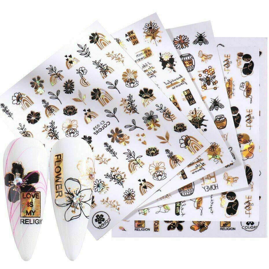 8Pcs Nail Art Sticker Black Gold Flower Clover Abstract Face Letter Slider NS18