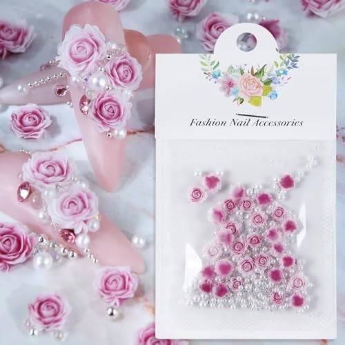 3D Rose Nail Art Charms Flower Nail Charms with Pearls Beads Flower Purple