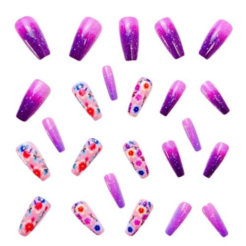 Press On Nails Coffin Fake Nails Flower With Gradient Medium Purple Flower 06