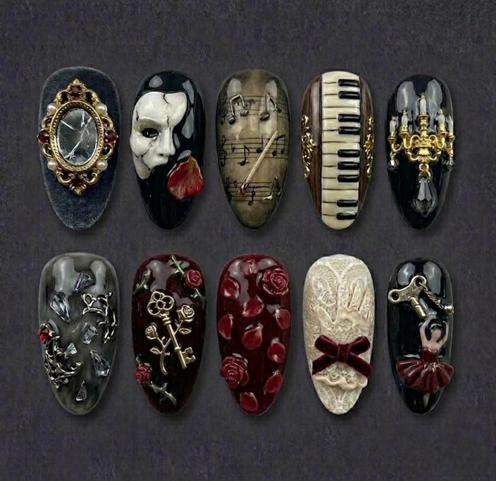Handmade Phantom Opera Music Rose Lace Medium Almond Press on Nails