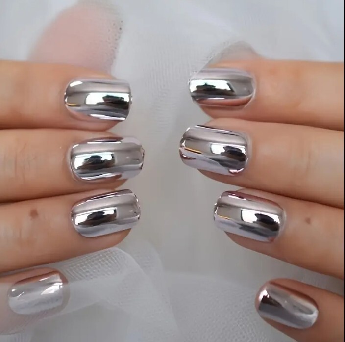 Chrome Red Silver Blue Dark Gray Medium Square Glue On Fingernails 4 Sets