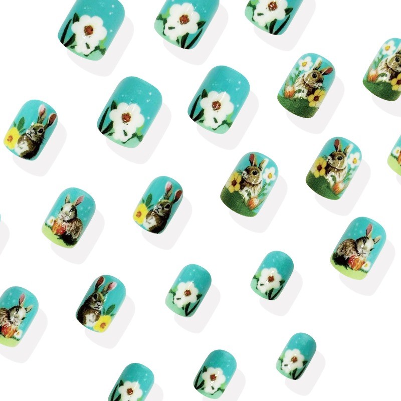 48PCS oval Easter bunny flower nail press can be reused, fake nail art