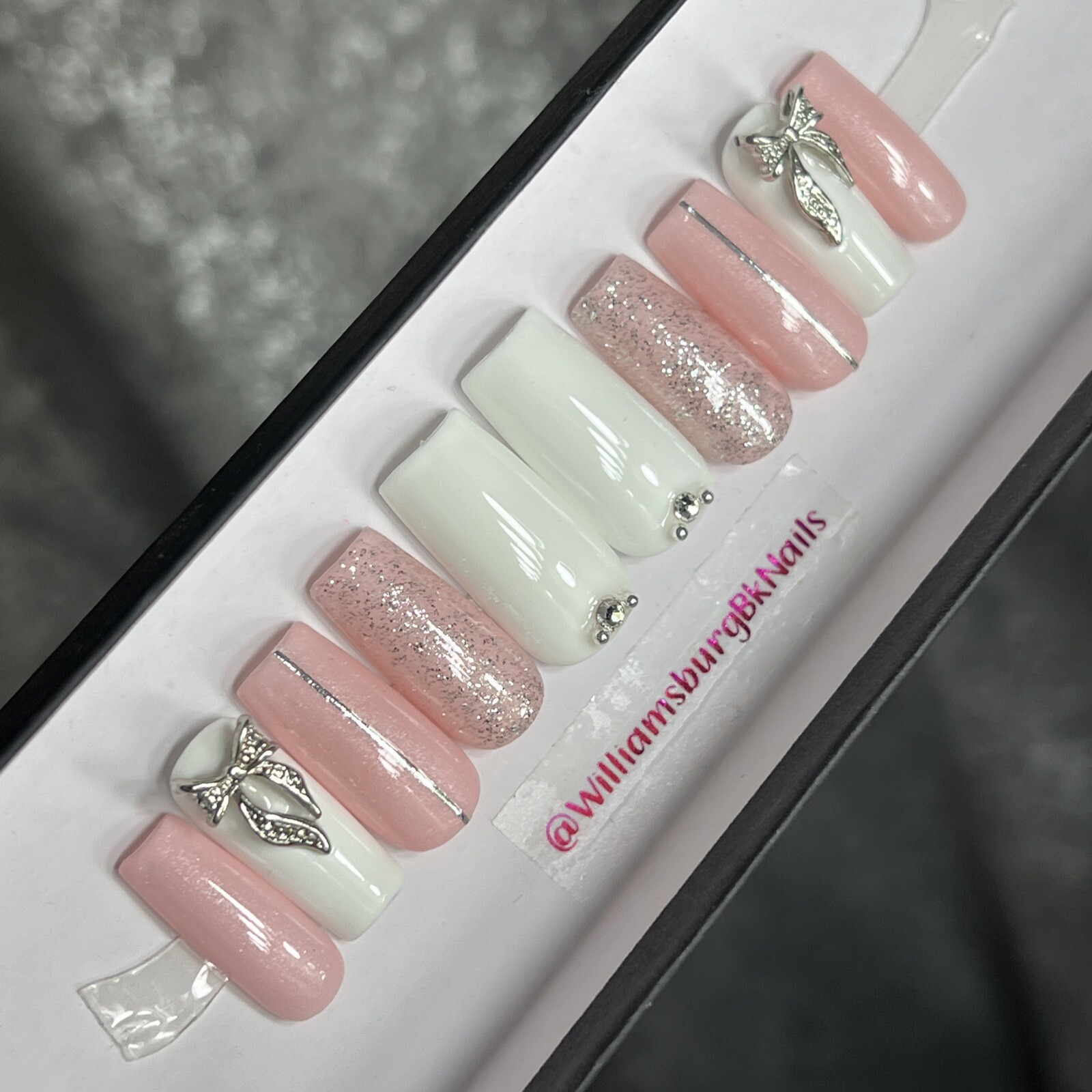 🎀 CUSTOM Gel Press On Nails, Pink BOW W/ Bling 10p set FULL SET W Kit
