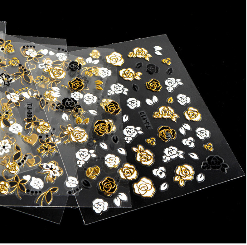 10PCS 3D Tip Nail Art Stickers Gold BLACK Heart Love BUTTERFLY ROSE FLOWER #2