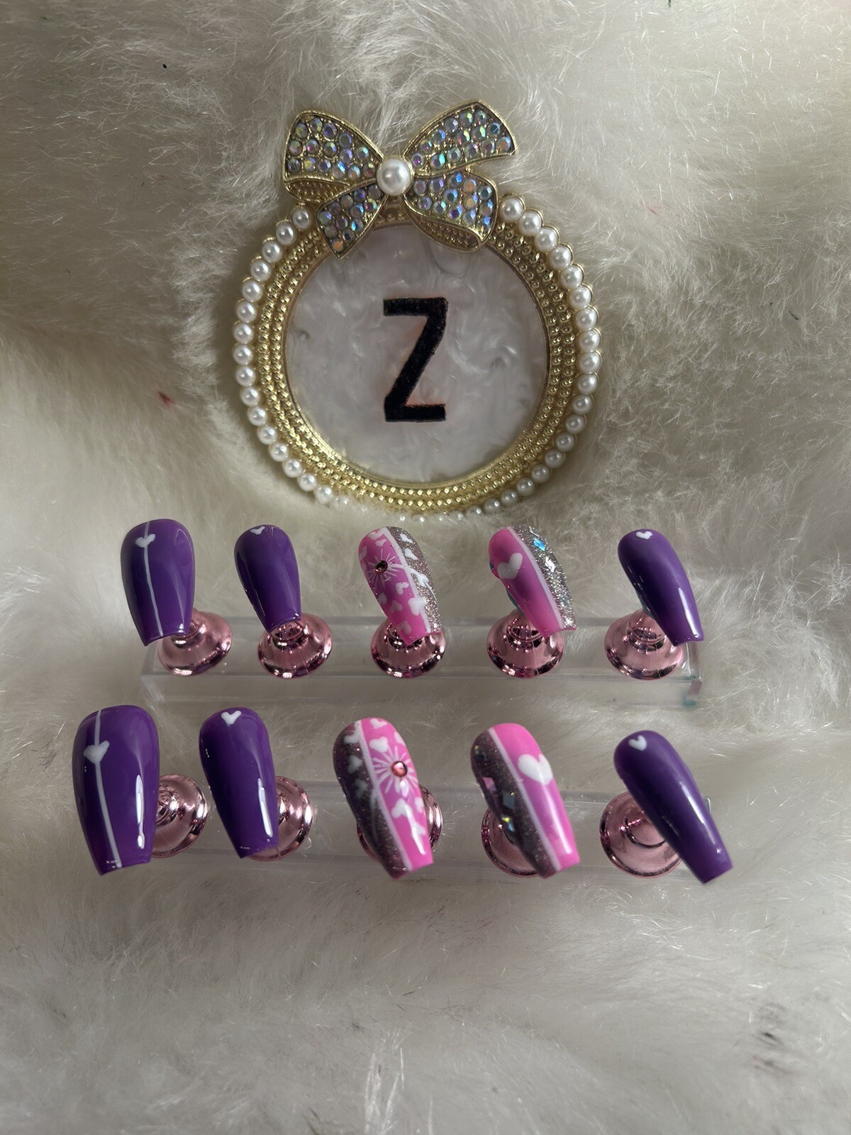 Z NAILZ! Handmade M Coffin Set Of Pink/purple/silver W/ White Hearts Press Ons
